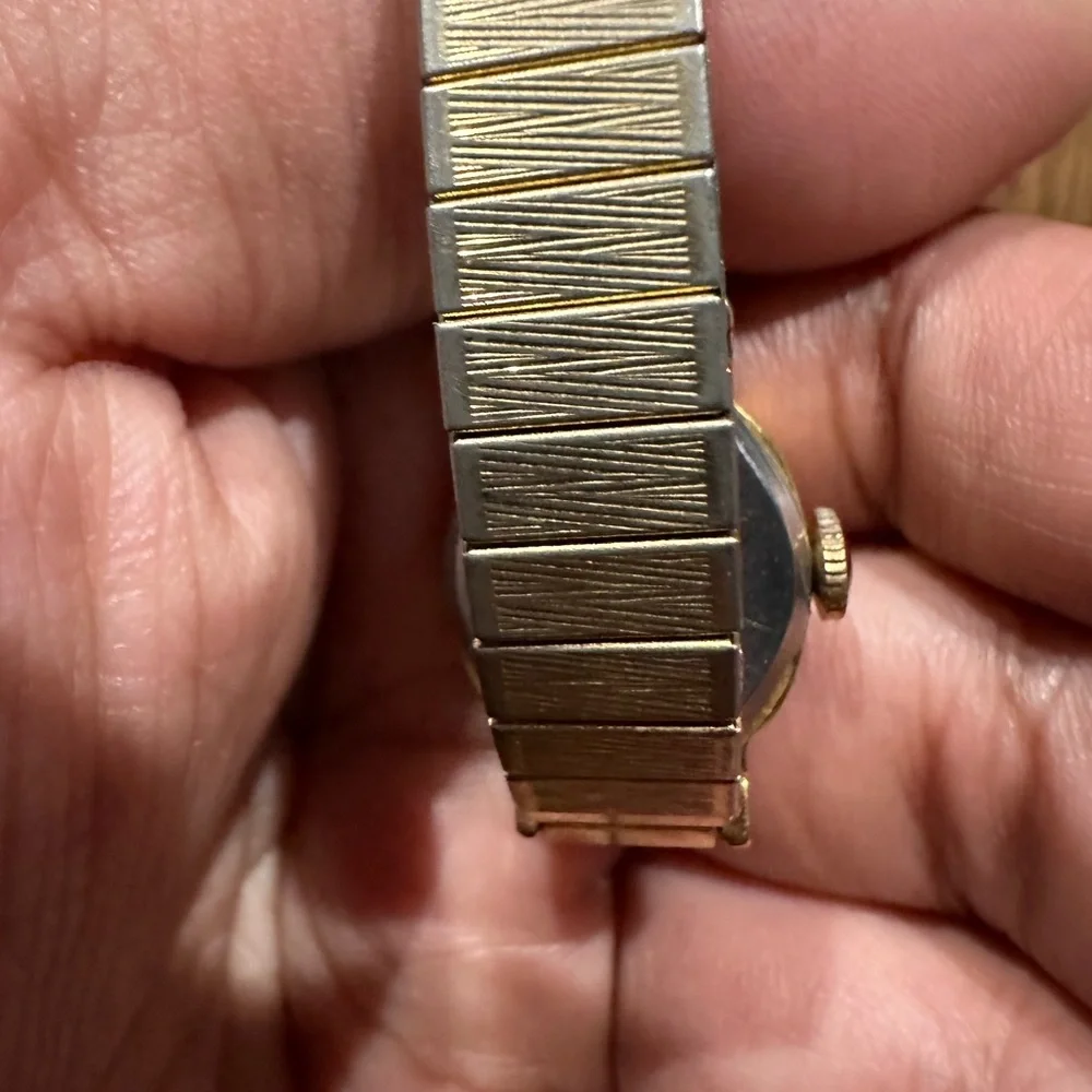 *WORKING* Timex women's gold tone watch. Small iridescent face. Stretch bracelet